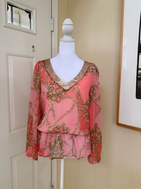 Boston Proper Coral Chain-Print V-Neck Blouse with Sequin Size XS